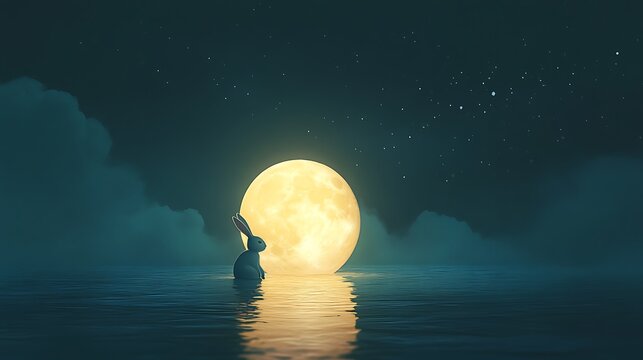 Glowing floating moon with a whimsical rabbit nestled on its surface in a calm night scene