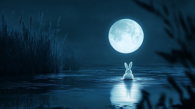 Glowing floating moon with a whimsical rabbit nestled on its surface in a calm night scene