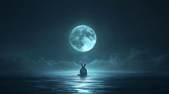Glowing floating moon with a whimsical rabbit nestled on its surface in a calm night scene