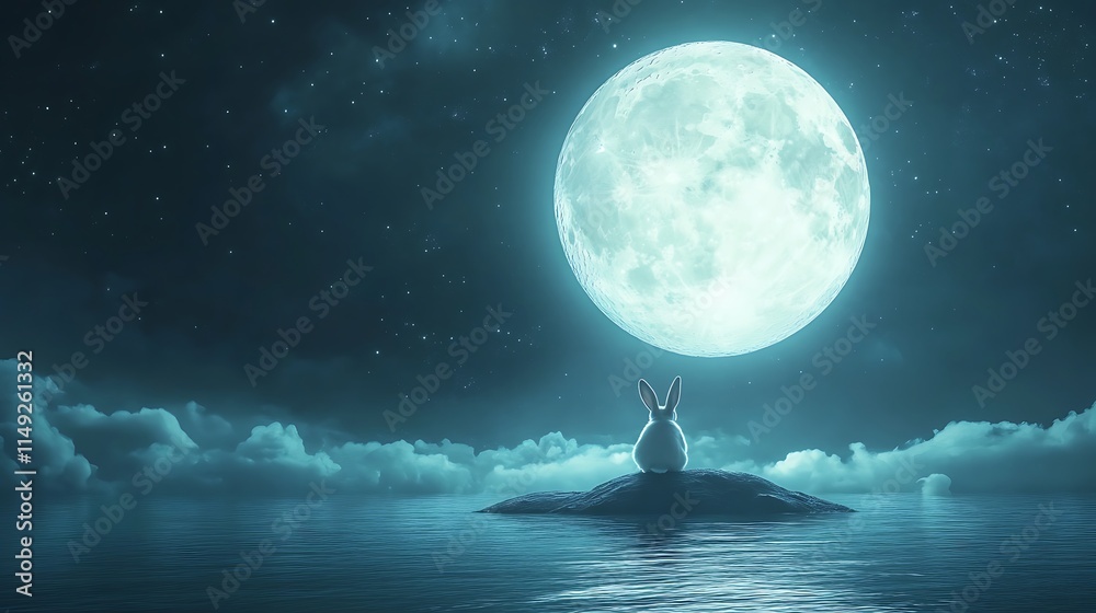 Wall mural soft glowing moon floating serenely with an adorable rabbit perched on its surface