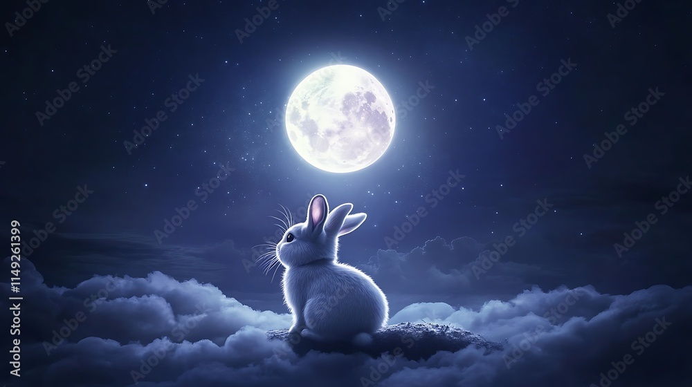 Wall mural cute rabbit enjoying the soft glow of a realistic floating moon amidst a celestial backdrop