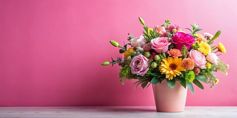 Naklejka premium Vibrant floral arrangement in a pastel pink vase against a pink background.