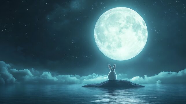 Soft glowing moon floating serenely with an adorable rabbit perched on its surface