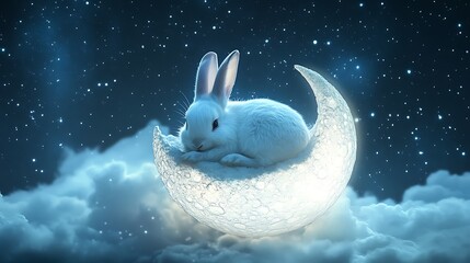 Adorable rabbit lounging on a softly glowing moon floating in a peaceful starlit sky