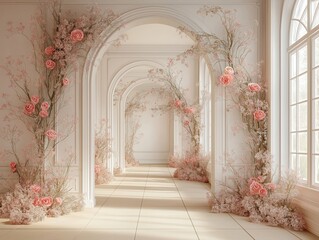 Elegant hallway with floral arches, pastel pink flowers. Soft lighting creates romantic, vintage ambiance. Light beige floor tiles add to delicate aesthetic. Arches, walls adorned with delicate pink