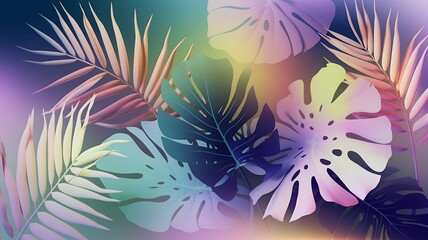 Naklejka premium A seamless tropical pattern featuring palm, monstera, and fern leaves in a gradient of pastel colors, blending into a dreamy, soft background