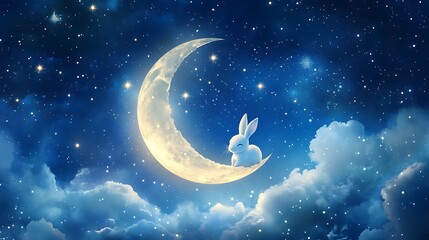 Obraz na płótnie Canvas Softly glowing floating moon adorned with a whimsical rabbit against a peaceful starry sky