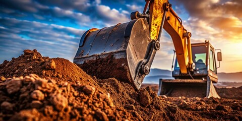 Fototapeta premium Minimalist Excavator Bucket, Dark Brown Soil, Close Up, Construction, Heavy Equipment, Earthmoving, Digging, Agriculture, Ground, Texture, Photography
