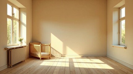 Obraz premium Sunlit Nursery Room with Wooden Crib and Hardwood Floor