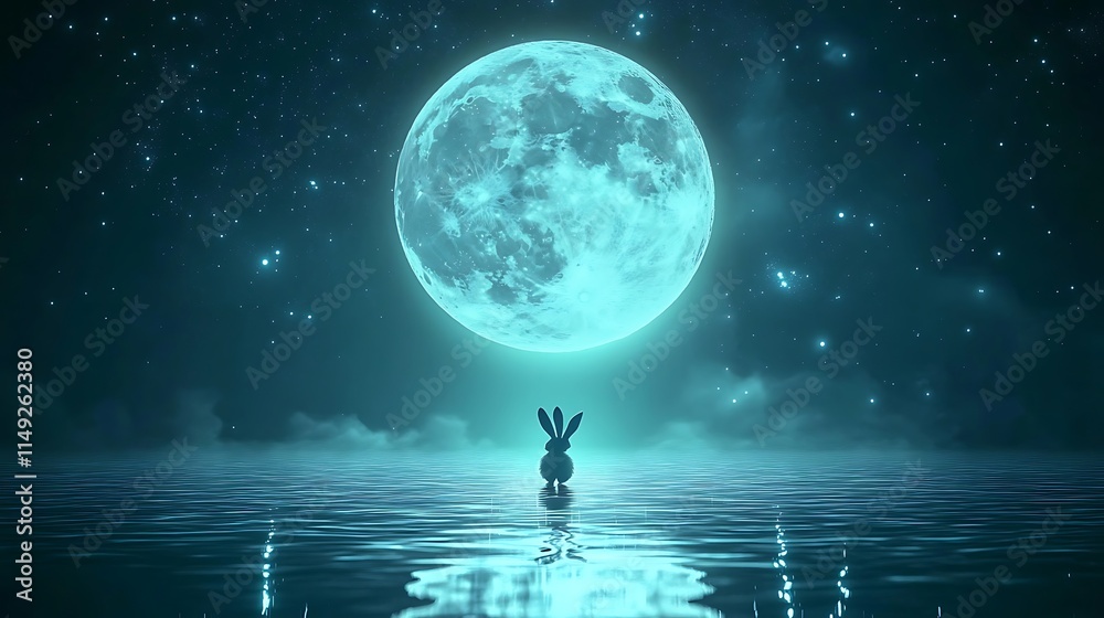 Wall mural realistic floating moon with a playful rabbit hopping across its glowing surface