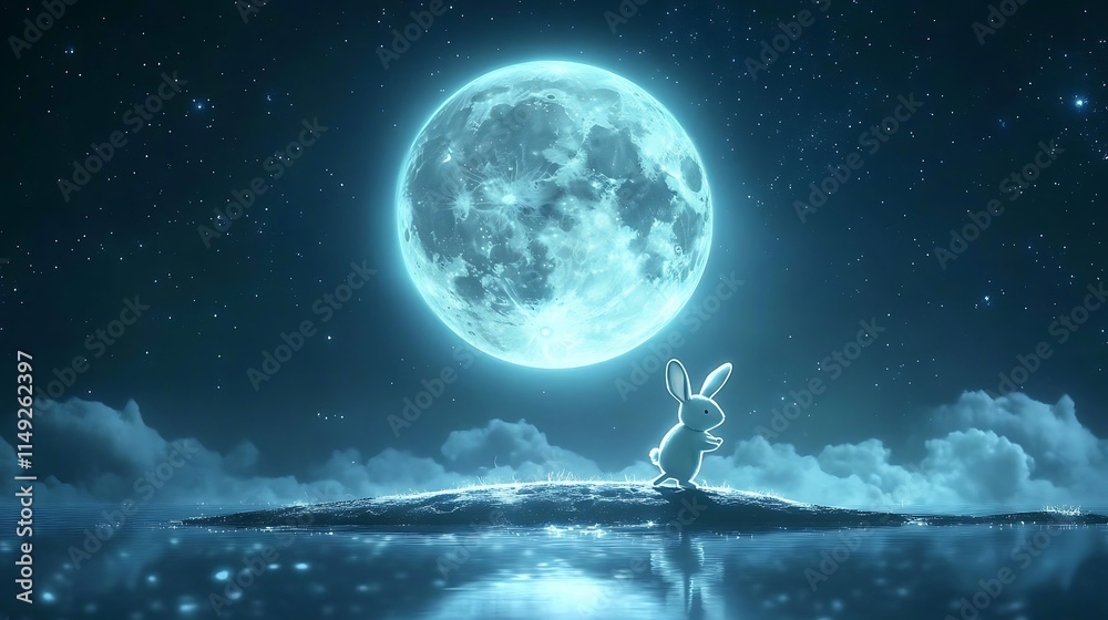 Wall mural realistic floating moon with a playful rabbit hopping across its glowing surface