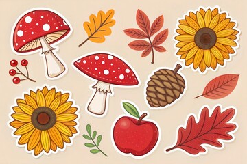 Autumn Illustration with Mushrooms, Sunflowers, Leaves, and Seasonal Elements