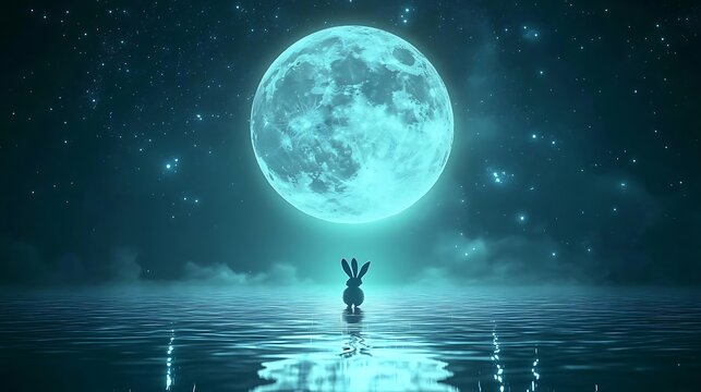 Realistic floating moon with a playful rabbit hopping across its glowing surface