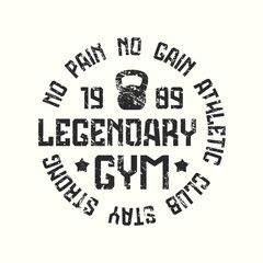 Round typographic emblem for gym club. Graphic design with rough texture for t-shirt. Black print on white background