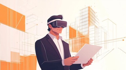 Architect using headset to design a futuristic building blueprint in modern virtual workspace