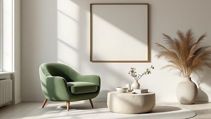 Frame mockup, paper size. Living room wall poster mockup. Interior mockup with house background. Modern interior design.