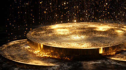 Obraz premium Glimmering golden coins illuminated by shimmering water droplets in a dark setting. 
