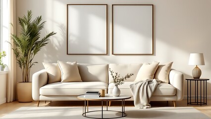 Frame mockup, paper size. Living room wall poster mockup. Interior mockup with house background. Modern interior design.