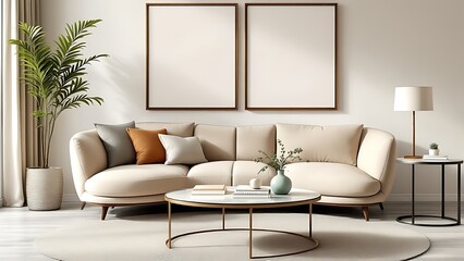 Frame mockup, paper size. Living room wall poster mockup. Interior mockup with house background. Modern interior design.