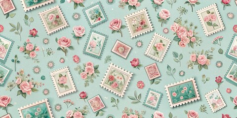 Obraz premium Romantic Vintage Floral Postage Stamp Design Featuring Pastel Roses and Botanical Elements