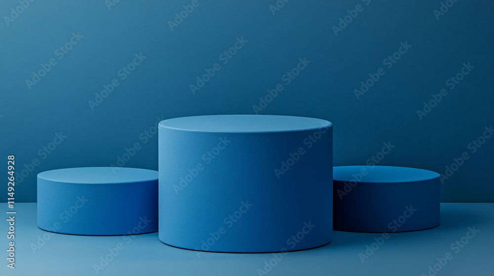 Poster blue geometric display with circular shapes on a solid background in minimal design.
