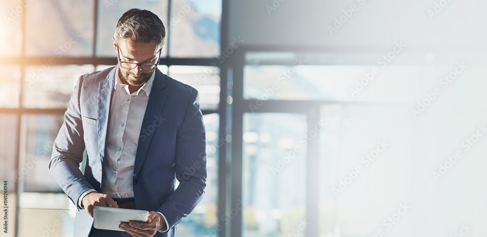Poster office, tablet and businessman thinking for project management, website or report on internet. banne