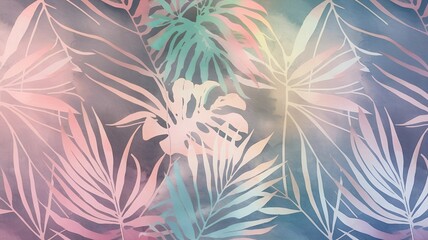 Naklejka premium A seamless tropical pattern featuring palm, monstera, and fern leaves in a gradient of pastel colors, blending into a dreamy, soft background