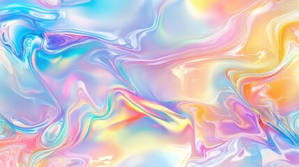 Fototapeta premium Seamless trendy iridescent rainbow foil texture. Soft holographic pastel unicorn marble background pattern. Modern pearlescent blurry abstract swirl illustration.