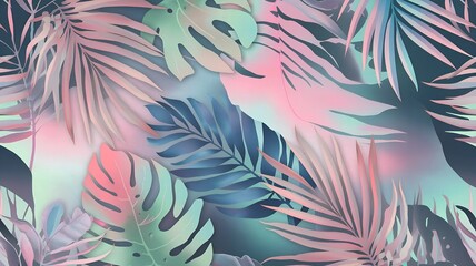 Naklejka premium A seamless tropical pattern featuring palm, monstera, and fern leaves in a gradient of pastel colors, blending into a dreamy, soft background