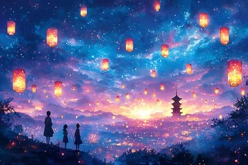 Fototapeta premium Three Silhouetted Figures Gaze at a Night Sky Filled with Floating Lanterns Over a Japanese Cityscape at Sunset.