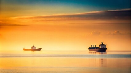 Obraz premium Minimalist Heat Haze: Two Cargo Ships on Calm Sea Horizon