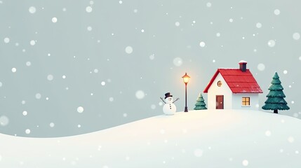 Naklejka premium Winter Wonderland A Festive Cottage Scene with a Cheerful Snowman and Falling Snow