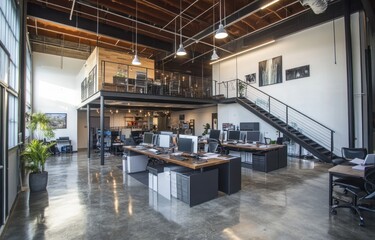 Modern open-plan office space with mezzanine, polished concrete floors, and natural light.