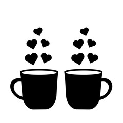 Vector illustration a pair of coffee mugs with element of hearts silhouette black colour isolated in white background. Valentine coffee. Valentine date coffee