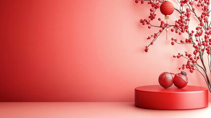 Elegant red festive display with shiny baubles and berries on a round platform. Perfect for holiday-themed designs and creative projects. Minimalistic and vibrant composition.