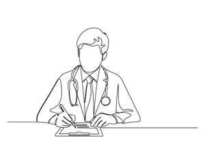 A doctor writing on a clipboard, wearing a stethoscope, symbolizing the medical profession, healthcare, and professional consultation. Continuous line drawing design for health care illustration