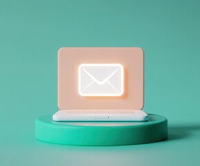Digital laptop with glowing email icon on teal background