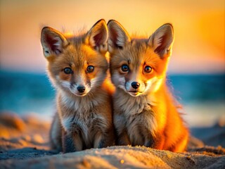 Obraz premium Adorable red fox kits snuggle on the beach, bathed in the golden light of a June sunset.