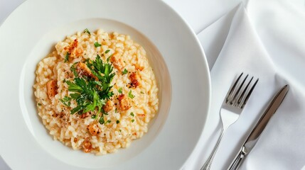 Creamy Risotto with Grilled Chicken Garnished with Fresh Parsley
