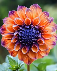 A large, bright orange and purple dahlia flowe