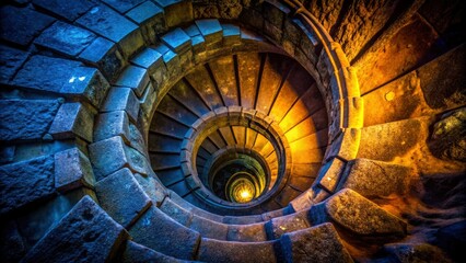 Naklejka premium A macro spiral staircase descends into mysterious, damp depths, its ancient stones hinting at hidden secrets and gloom.