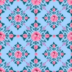 Vibrant Thai Art Design with Pink Floral Motifs and Green Leaves on Light Blue Background - Symmetrical and Intricate Pattern for Textiles, Home Decor, and Artistic Projects