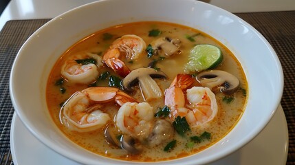 Aromatic Tom Yam Kung soup featuring prawns mushrooms and lime served top view