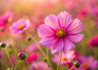 Obraz premium Autumn's pink cosmos flowers, a delicate beauty, captured in nature photography, make a pretty floral wallpaper.