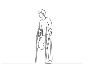 Line drawing of an amputee using crutches, with one leg raised, suggesting an injury or condition that requires assistance for mobility. Simple, minimalistic continuous line drawing design