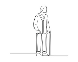 An elderly person standing and holding a cane for support, wearing a long sleeved shirt and pants Captures simplicity and the essence of aging with dignity. continuous line drawing design