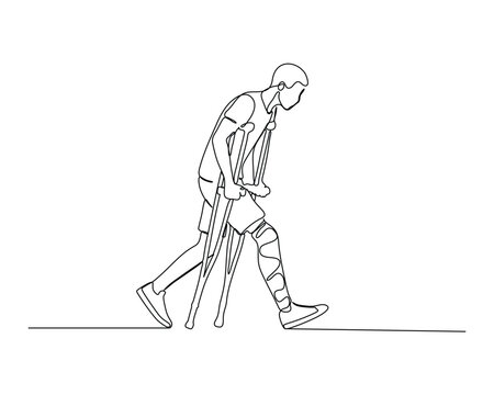 A person walking with crutches, showing resilience and mobility support Depicts the use of assistive devices and adaptation in daily life. continuous line drawing design for health care