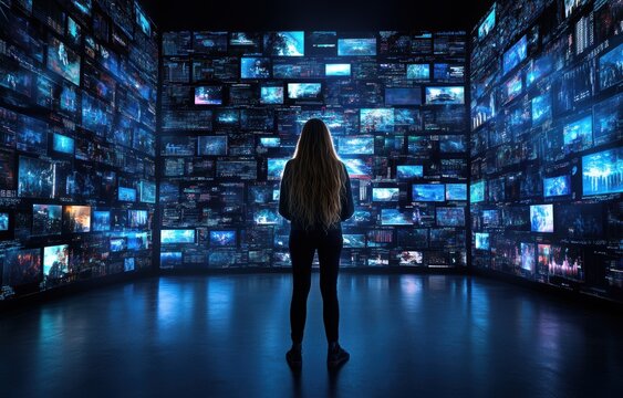 A silhouetted figure stands in awe before an array of glowing screens, showcasing vast data visualizations and digital landscapes in a futuristic environment, blending technology and art.