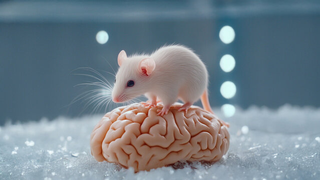 Mouse on a brain. Mouse brain blurry background white plastic snow. White mouse with a plastic brain in snow. The photo is of a mouse on a brain lifestyle.