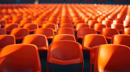 Obraz premium Seats of orange tribune on sport stadium. empty outdoor arena. concept of fans. chairs for audience. cultural environment concept. color and symmetry. empty seats. modern stadium